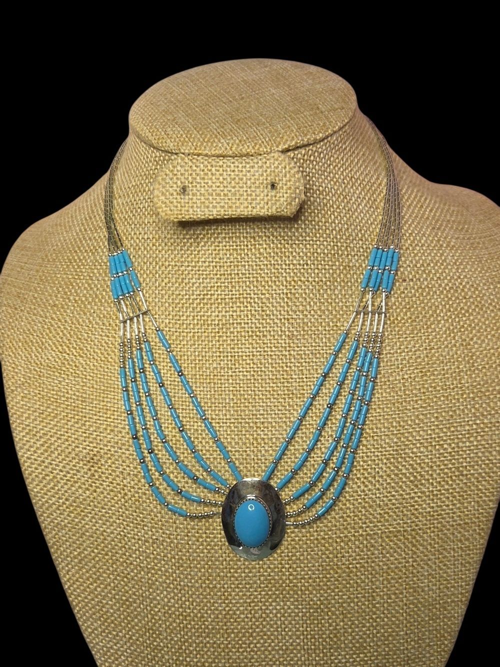 Vintage Sterling Multi Strand Turquoise Beaded Statement Necklace Sun 19in - Picture 2 of 6